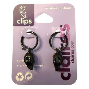 Claire’s Black Skull Spring Clip-On Hoop Earrings Goth NWT